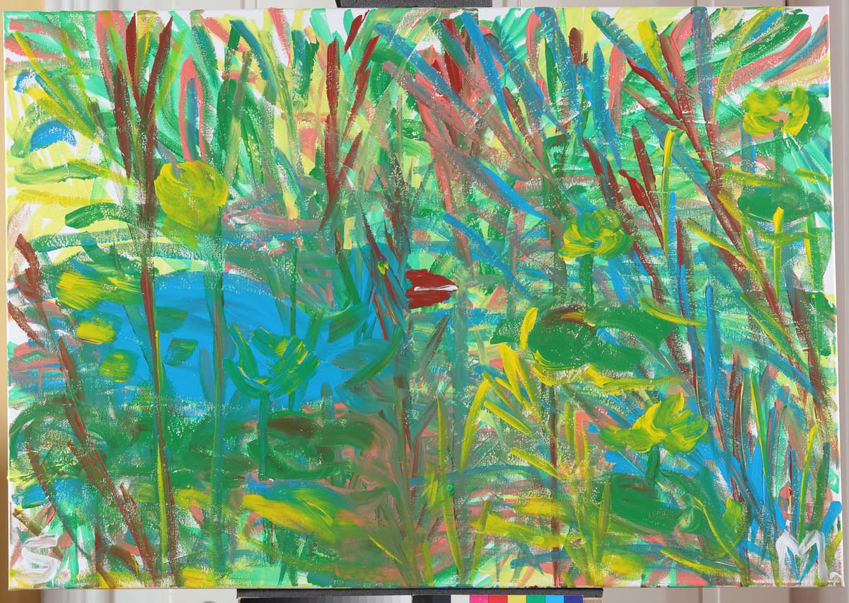 Skrivena papiga u gaju / A Hidden Parrot in a Grove, 2022 — Acrylic on canvas by Saša Mesić