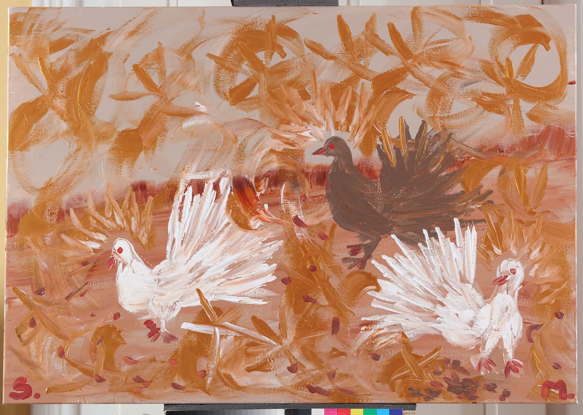 Tri manastirska goluba / Three Monastic Pigeons, 2022 — Acrylic on canvas by Saša Mesić