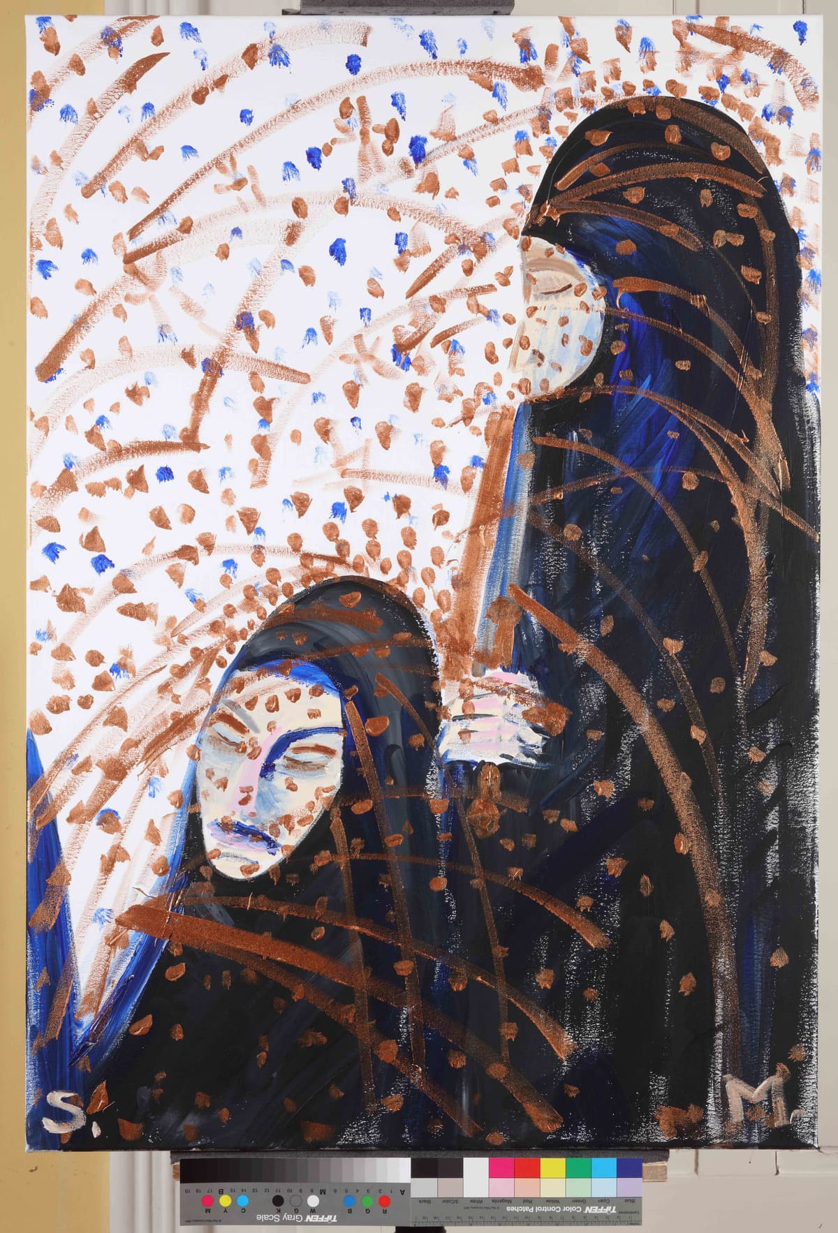 Markela, Serafima i Svjetlosna Bića / Markela, Serafima and beings of light, 2024 — Acrylic on canvas by Saša Mesić